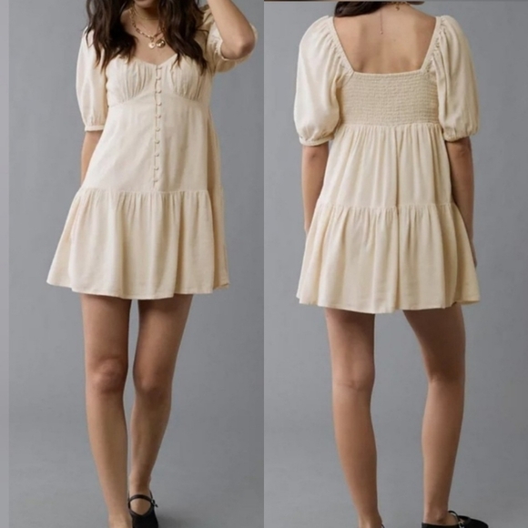 American Eagle Linen Beige Puffy Sleeve Babydoll Milkmaid Mini Dress XXL NEW - Picture 1 of 12